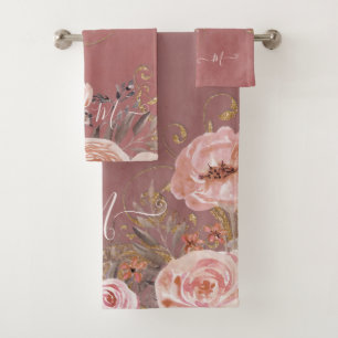 Dusty Rose Blush Pink Watercolor Floral Elegant Bath Towel Set