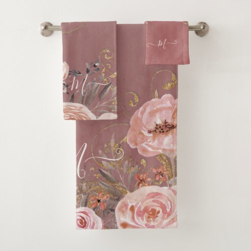 Dusty Rose Blush Pink Watercolor Floral Elegant Bath Towel Set