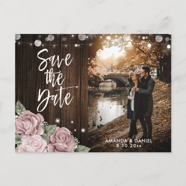 Dusty Rose Blush Pink Wedding Photo Save The Date Announcement Postcard (Front)