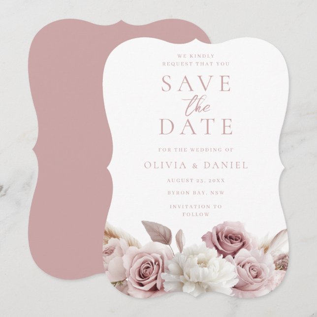 Dusty Rose & Blush Roses All Seasons Wedding Save The Date (Front/Back)