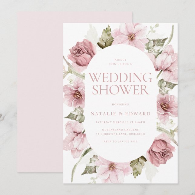 Dusty Rose, Blush & Sage Watercolor Wedding Shower Invitation (Front/Back)