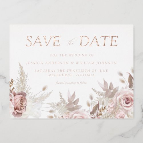 Dusty Rose Blush Wedding Save The Date Rose Gold Foil Invitation Postcard