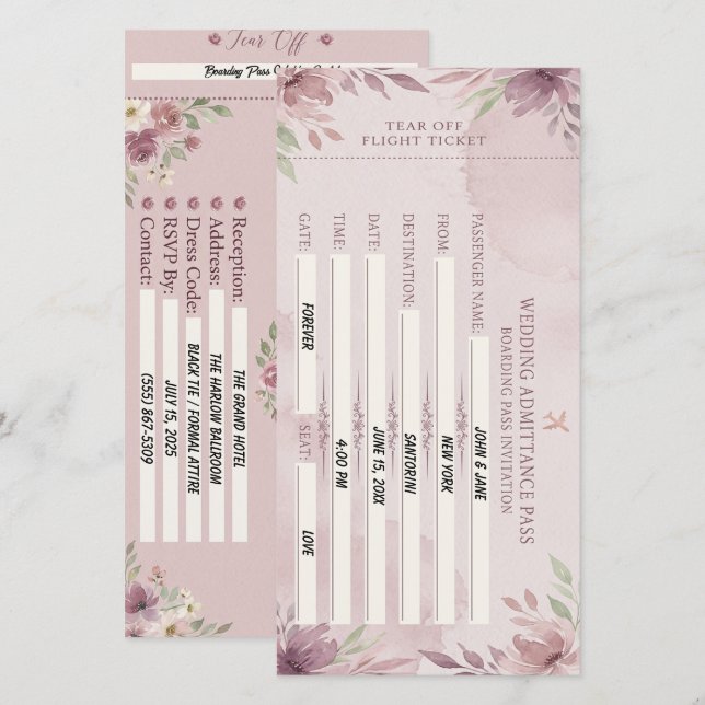 Dusty Rose boarding pass Wedding Card (Front/Back)