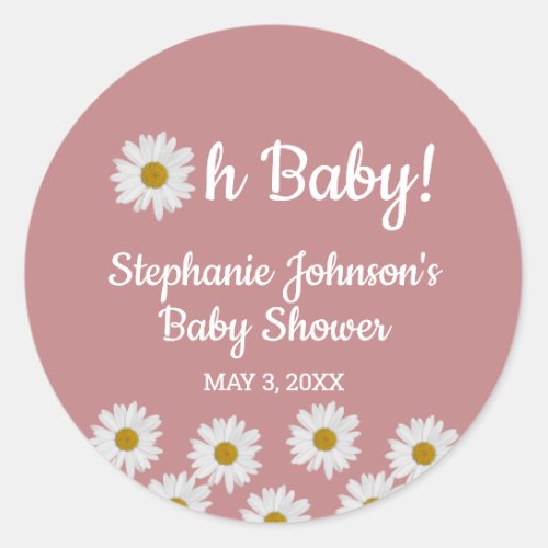 Dusty Rose Bohemian Daisies Oh Baby Baby Shower  Classic Round Sticker