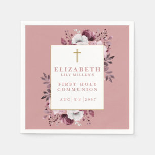 Dusty Rose Boho Floral Modern First Holy Communion Napkins