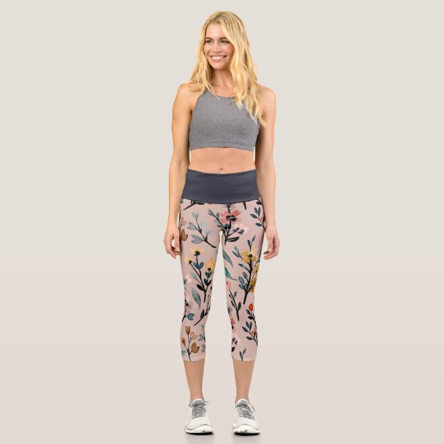 Dusty Rose Boho Floral Watercolor Capri Leggings (Front)