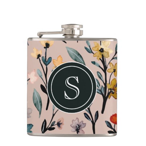 Dusty Rose Boho Floral Watercolor Custom Flask