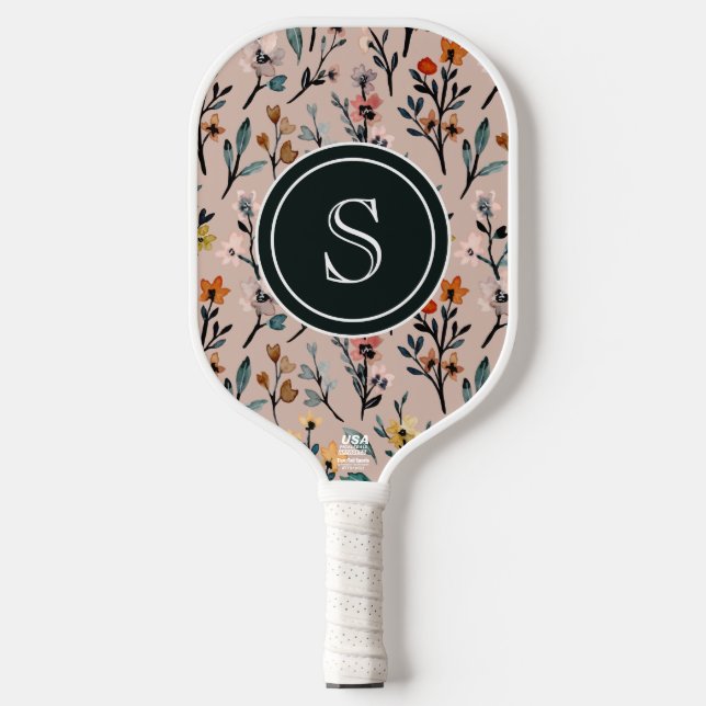 Dusty Rose Boho Floral Watercolor Custom Pickleball Paddle (Front)