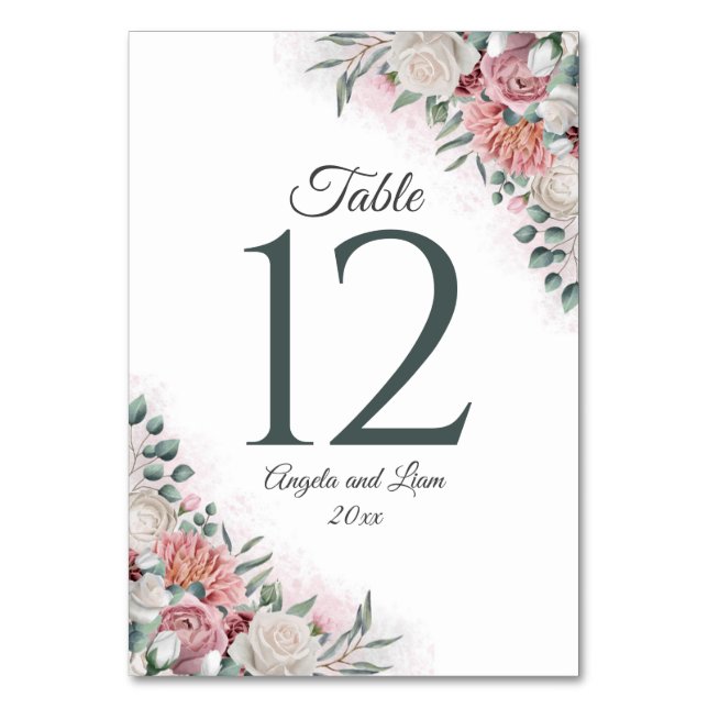 Dusty Rose Boho Floral with Greenery Table Number (Front)