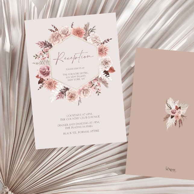 Dusty Rose Boho Pampas Floral Wedding Reception Enclosure Card (Boho Dusty Pink Floral Wreath Wedding Reception Enclosure Card)