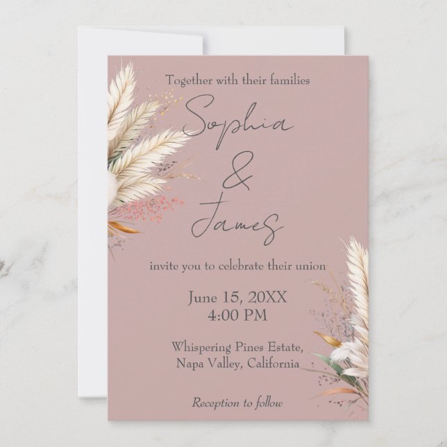 Dusty Rose Boho Pampas Grass Wedding Invitation (Front)