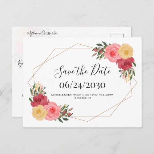 Dusty Rose Boho Watercolor Floral Save the Date Postcard