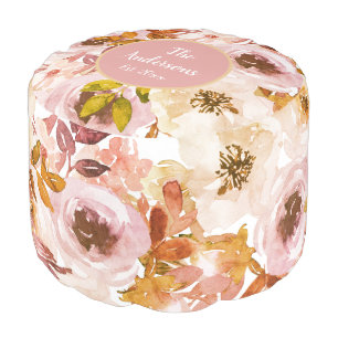 Dusty Rose Boho White Watercolor Floral Pattern  Pouf