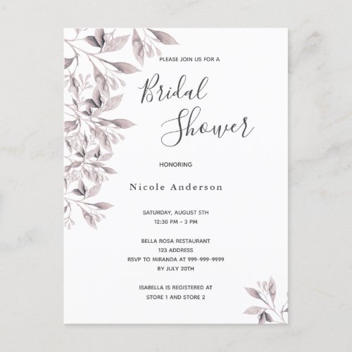 Dusty rose botanical Bridal Shower invitation Postcard