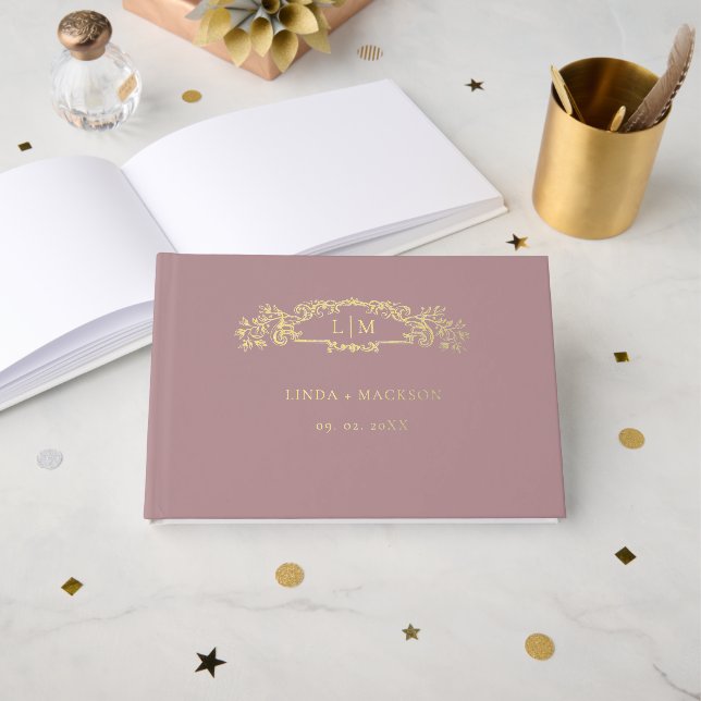 Dusty Rose botanical crest monogram wedding Foil Guest Book (Front Open)