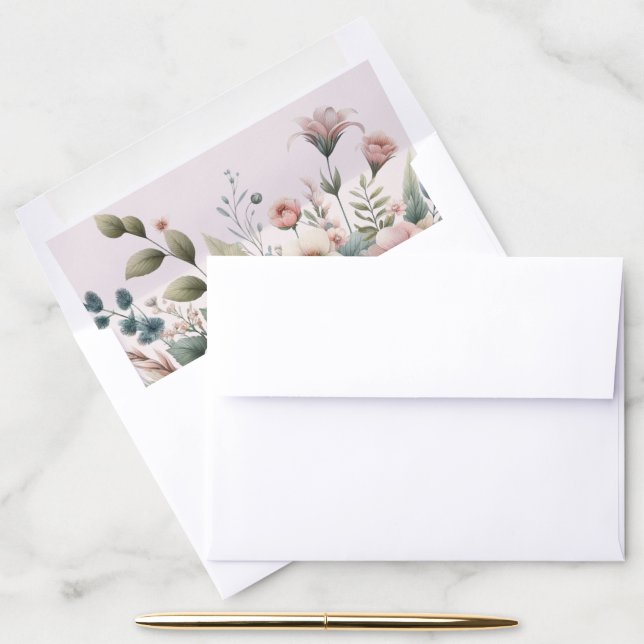 Dusty Rose Botanical Floral Wedding Envelope Liner (Desk)
