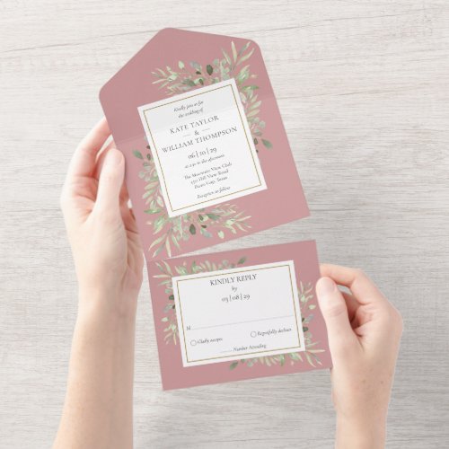 Dusty Rose Botanical Greenery Monogram Wedding All In One Invitation