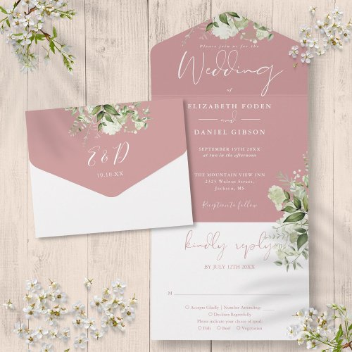 Dusty Rose Botanical Greenery Monogram Wedding All In One Invitation