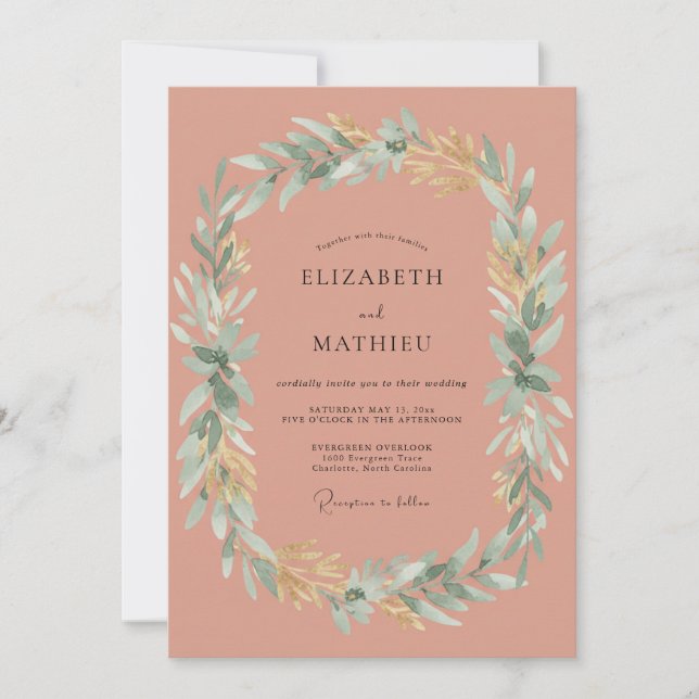 Dusty Rose Botanical Laurel Wedding Invitation (Front)