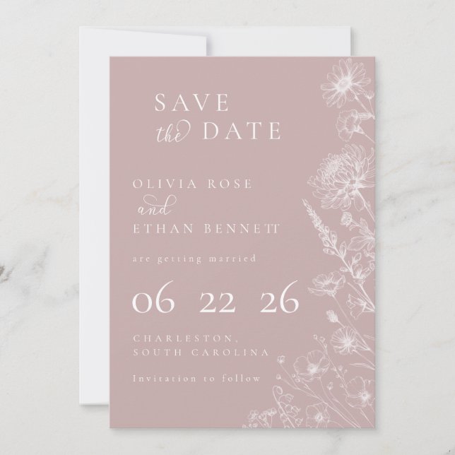 Dusty Rose Botanical Minimal Wedding Save the Date (Front)
