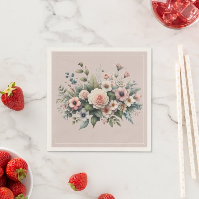 Dusty Rose Botanical Wedding Floral Watercolor Napkins (Insitu)
