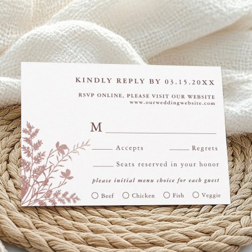 Dusty Rose Botanical Wedding Meal Choice  RSVP Card