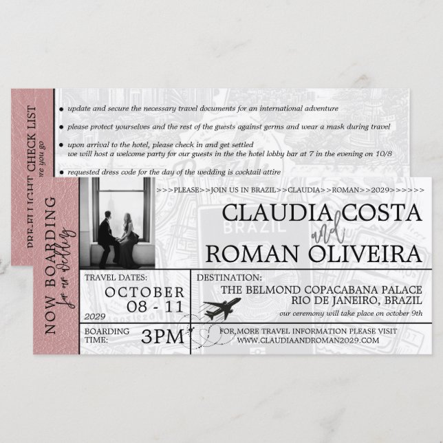 Dusty Rose Brazil Wedding Boarding Pass Invitation (Front/Back)