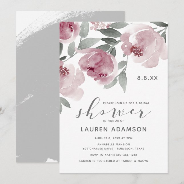 Dusty Rose Bridal Shower Soft Watercolor Invitation (Front/Back)