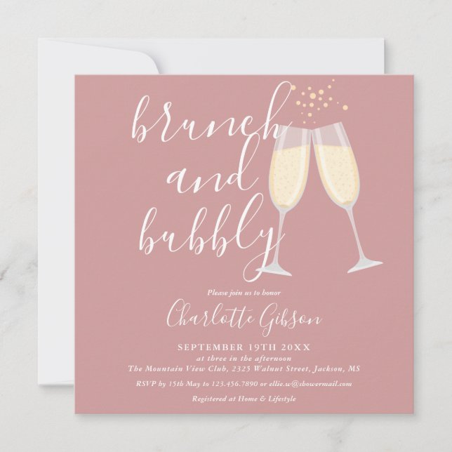 Dusty Rose Brunch Bubbly QR Code Bridal Shower Invitation (Front)