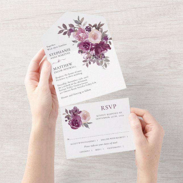 Dusty Rose Burgundy Blush Floral Wedding All In One Invitation (Tearaway)