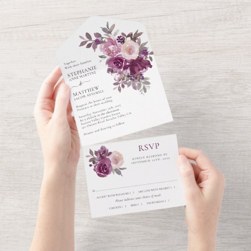 Dusty Rose Burgundy Blush Floral Wedding All In One Invitation