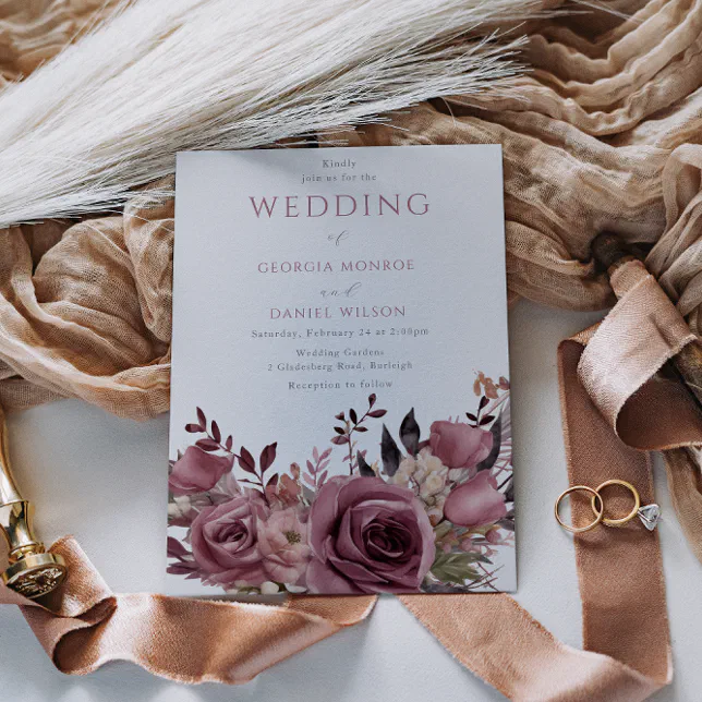 Dusty Rose & Burgundy Boho Floral Wedding Invitation | Zazzle