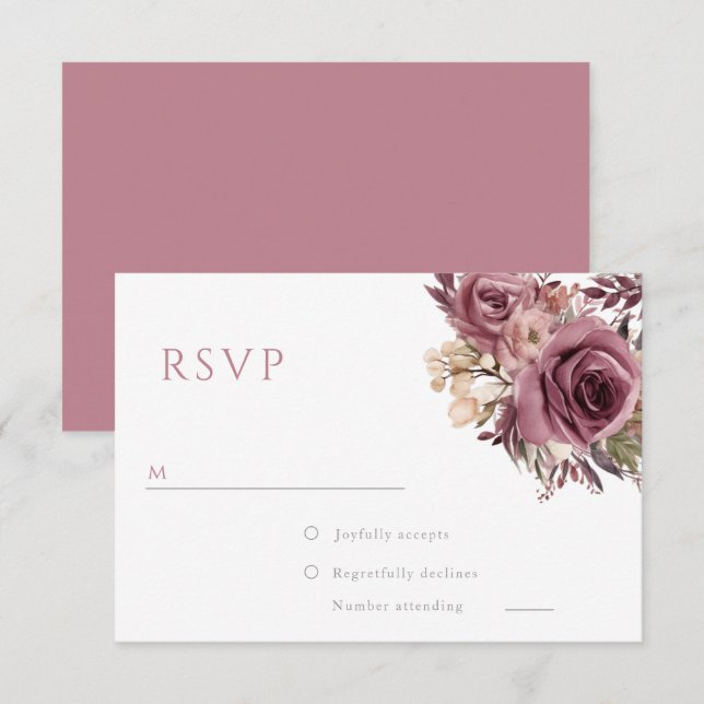 Dusty Rose & Burgundy Boho Floral Wedding RSVP Card (Front/Back)