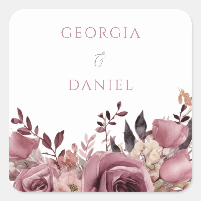 Dusty Rose & Burgundy Boho Floral Wedding Square Sticker (Front)