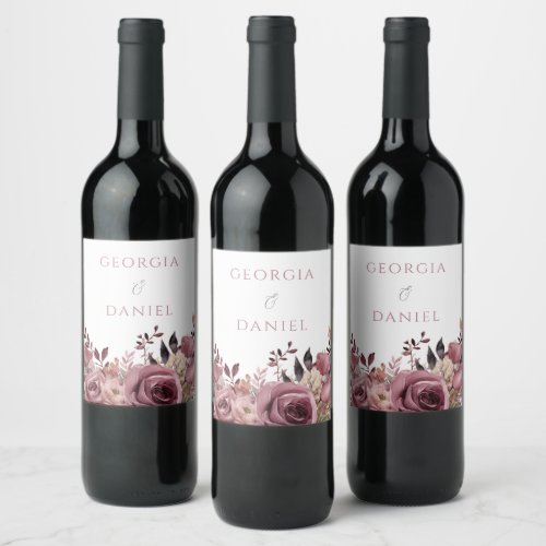 Dusty Rose  Burgundy Boho Floral Wedding Wine Label