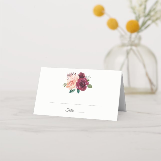 Dusty Rose Burgundy Botanical Fall Floral Wedding Place Card (Front)
