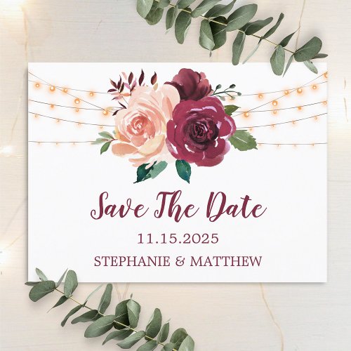 Dusty Rose Burgundy Botanical Lights Save The Date Announcement Postcard
