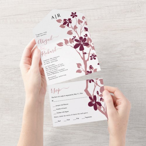 Dusty rose burgundy branch with flowers wedding all in one invitation