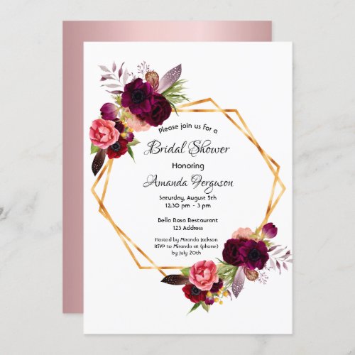 Dusty rose burgundy floral geometric bridal shower invitation