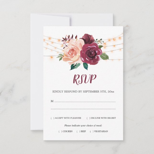 Dusty Rose Burgundy Floral Lights Wedding Meal RSVP Card (Front)