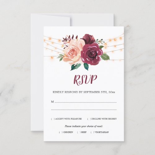 Dusty Rose Burgundy Floral Lights Wedding Meal RSVP Card