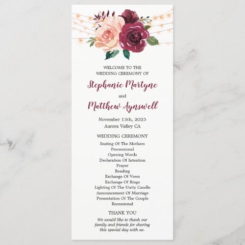 Dusty Rose Burgundy Floral String Lights Wedding Program