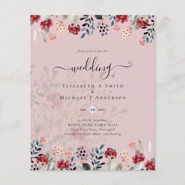Dusty Rose Burgundy Floral Wedding Flyer (Front)