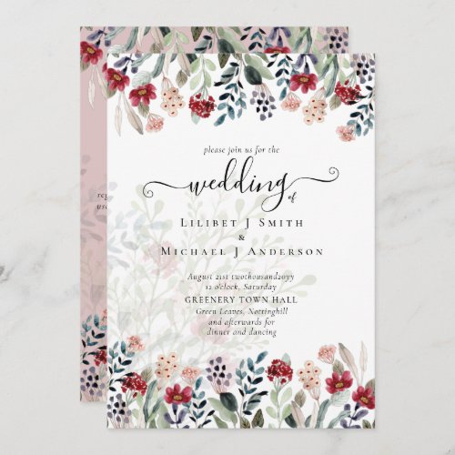 Dusty Rose Burgundy Floral Wedding Invitation