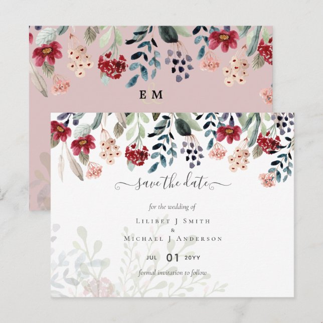 Dusty Rose Burgundy Floral Wedding Postcard (Front/Back)