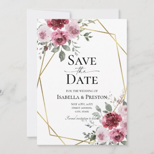 Dusty Rose Burgundy Floral Wedding Save The Date Invitation
