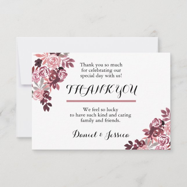 Dusty Rose Burgundy Floral Wedding Thank You Card (Front)