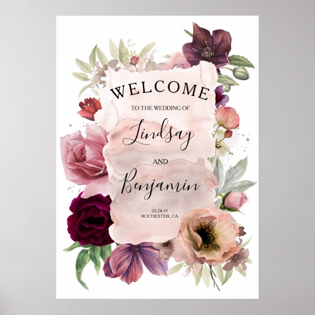 Dusty Rose & Burgundy Floral Wedding Welcome Sign (Front)