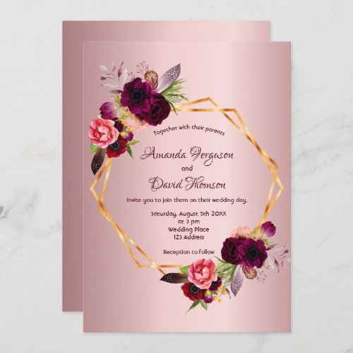 Dusty rose burgundy florals gold geometric wedding invitation