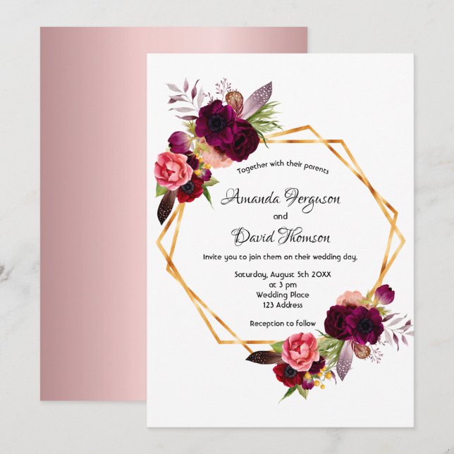 Dusty rose burgundy florals gold geometric wedding invitation (Front/Back)